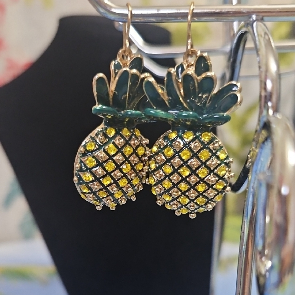 Gold and Green Pineapple Earrings Pierced Dangle W Stones